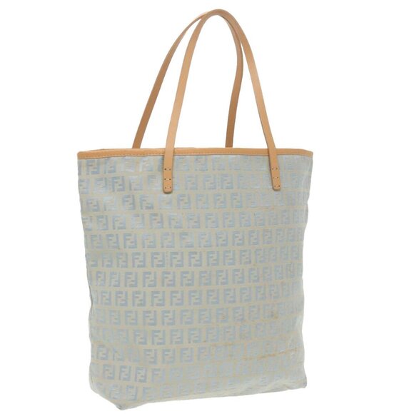 FENDI Zucchino Canvas Tote Bag Light Blue Brown Silver Auth - Picture 4 of 16